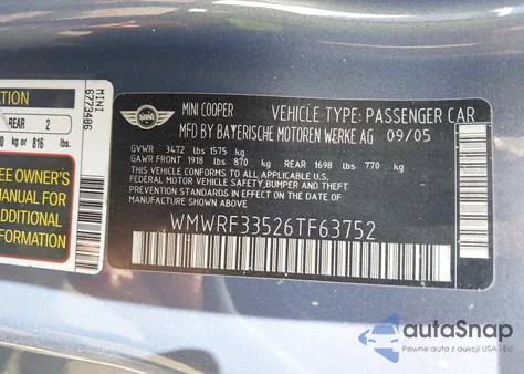 2006 Mini Cooper z USA, uszkodzony, nr VIN WMWRF33526TF63752